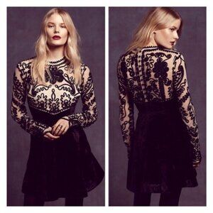 Free People Ginger Meadow Mini Dress Black Sheer Velvet whimsy Goth Fit & Flare